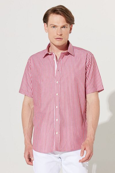 AC&Co / Altınyıldız Classics Men's Claret Red-White Comfort Fit Relaxed Cut Classic Collar 100% Cotton Striped Shirt