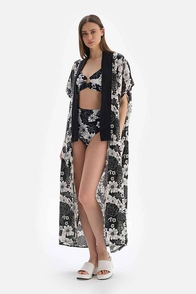 Dagi Schwarz-weißer langer Kimono aus Leinen