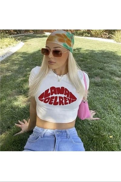 Gofeel Lana Del Rey Text Detailed Lips Patterned White Color Printed Blouse Crop Women