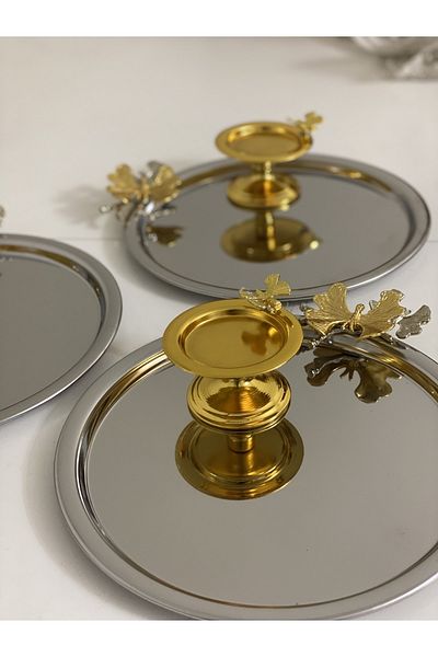 Elzemm store TWO MODELS OF 3 SILVER COLOR STEEL PRESENTATION TRAY AND GOLD BUTTERFLY MALRONHOL