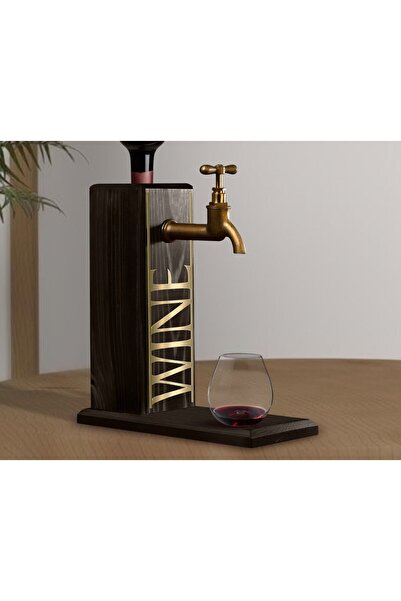 Bk Gift Aynalı Altın Kabartma Musluklu Doğal Siyah(Ebony) Ahşap Şarap Standı,...