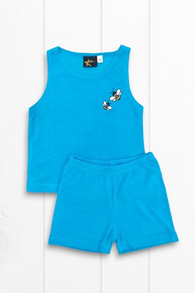 MY STAR HOME Turquoise Towel Fabric Two Piece Bee Embroidered Children's Beach Home Pool Set Shorts and Strappy Top Set