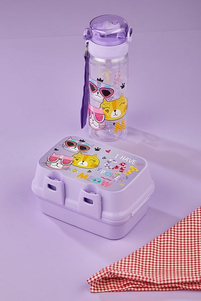 ALİNA HOME 2 Layers 4 Compartments Lunch Box with Spoon and 500 CC Straw Flask with Cat