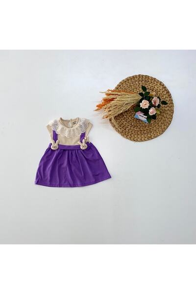 Cimcime Bebe Yakası Dantelli Tavşanlı Kız Bebek Elbise