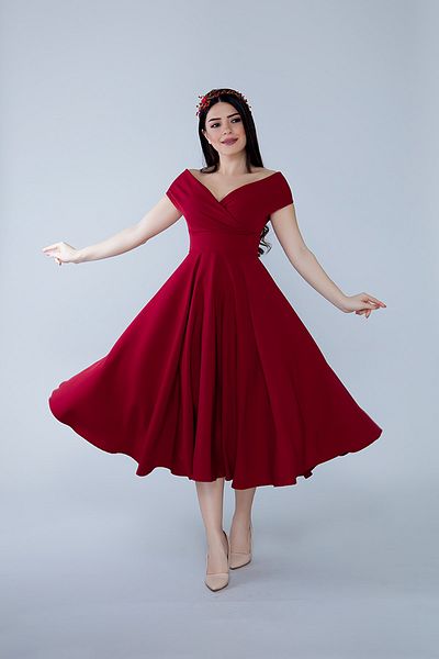 Bidoluelbise Women's Boat Neck Flared Midi Length Woven Draped Dress Fabric Evening Dress and Graduation Dress