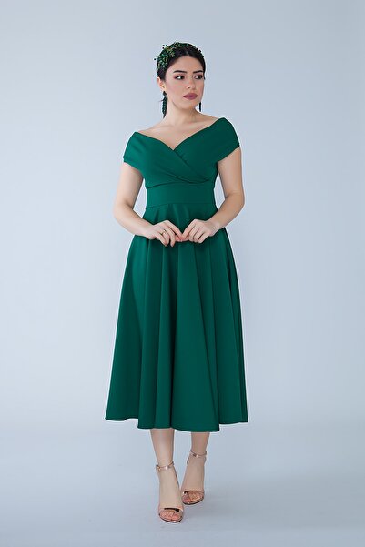 Bidoluelbise Kadın Kayık Yaka Kloş Midi Boy Dokuma Dökümlü Elbiselik Kumaş Abiye ve Mezuniyet Elbisesi