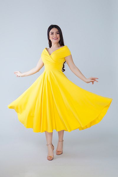 Bidoluelbise Women's Boat Neck Flared Midi Length Woven Draped Dress Fabric Evening Dress and Graduation Dress