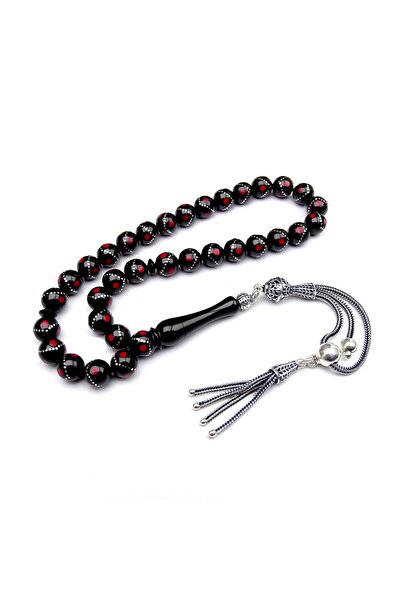 TAŞHAN Gümüş Mercan Işlemeli Erzurum Oltu Taşı Tesbih