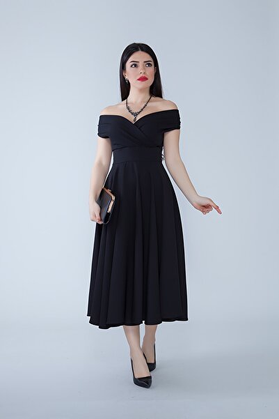 Bidoluelbise Kadın Kayık Yaka Kloş Midi Boy Dokuma Dökümlü Elbiselik Kumaş Abiye ve Mezuniyet Elbisesi