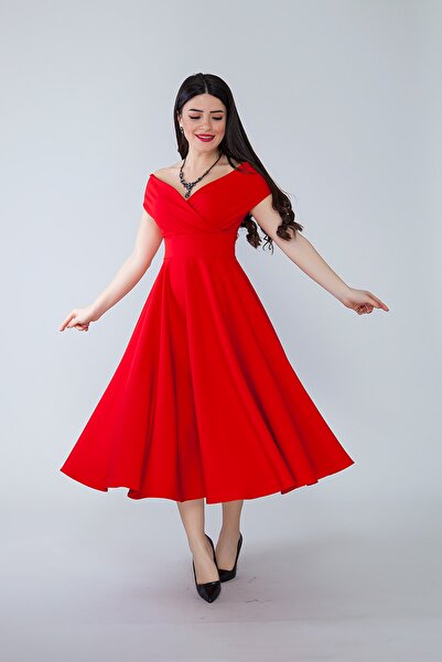 Bidoluelbise Kadın Kayık Yaka Kloş Midi Boy Dokuma Dökümlü Elbiselik Kumaş Abiye ve Mezuniyet Elbisesi