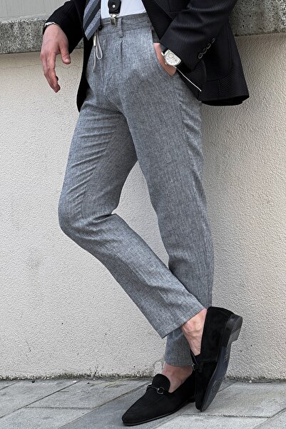 NAZEF Special Design Self-Patterned Modern Fit Linen Trousers