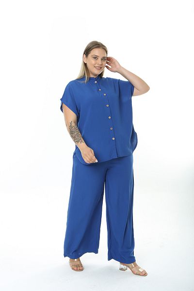 XL Modam Costum cu pantaloni cămașă albastră din țesătură de in pentru femei
