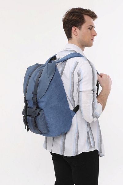 ICONE BAG Icone Men's Large Size Belted Covered Textured Fabric Backpack Navy Blue