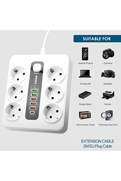 Hobimtek H-04 Termal Akım Korumalı 3000w 6 Lı Priz 2 Metre Uzatma Kablosu Çoklu Priz 4 Usb 2 Type C Pd Giriş