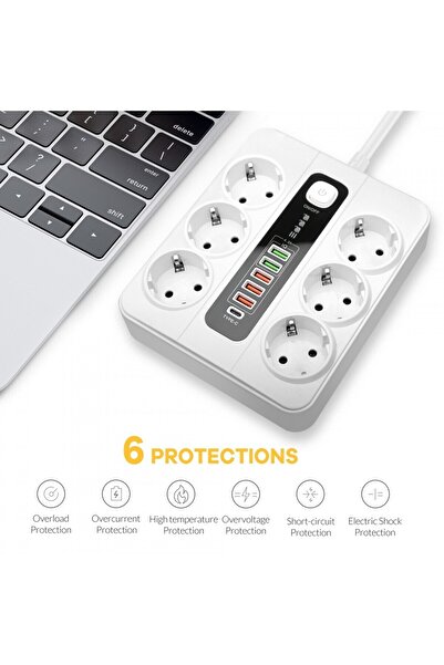 Hobimtek H-04 Termal Akım Korumalı 3000w 6 Lı Priz 2 Metre Uzatma Kablosu Çoklu Priz 4 Usb 2 Type C Pd Giriş