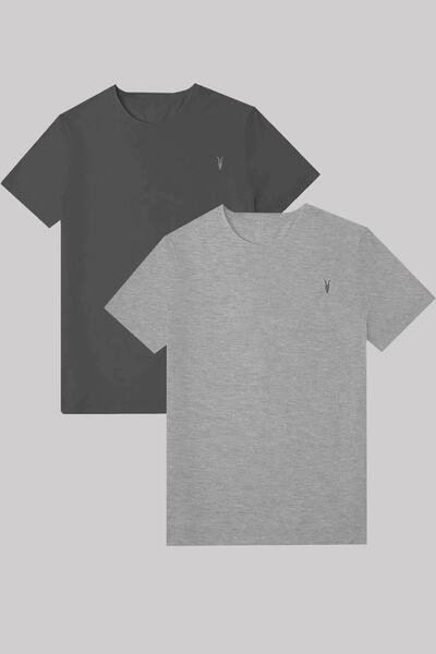 Kozik Ανδρικό γκρι - Smoked Standard Relaxed Fit Crew Neck 100% βαμβακερό πακέτο με 2 μπλουζάκια