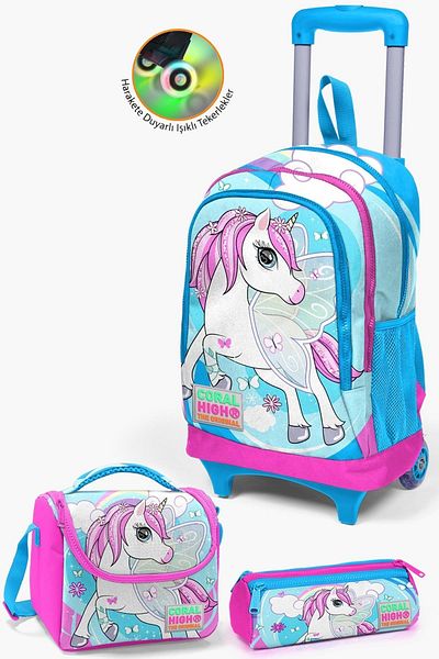 Coral High Set de ghiozdane de școală cu model de unicorn, albastru, roz neon, 3 piese - SET0123911