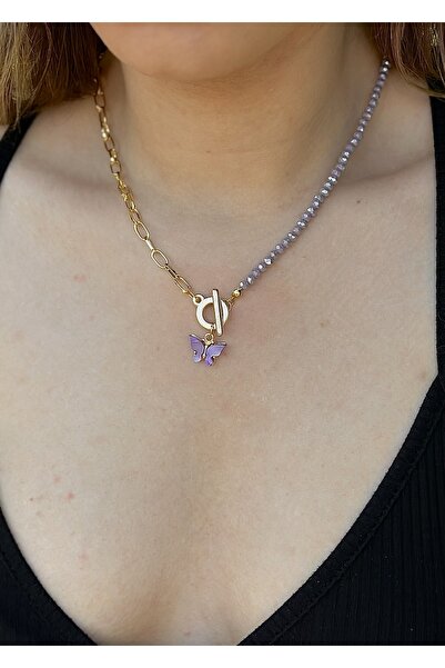 takıtarzım Lila kristal kelebek figürlü kadın kolye