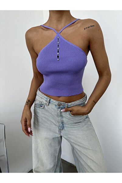 erki triko Bluză tricotată crop cu bretele încrucișate și detalii din piatră ...