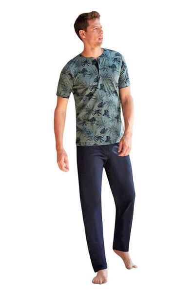 Berrak Pleated Crew Neck Jacquard Short Sleeve Men's Pajamas Set