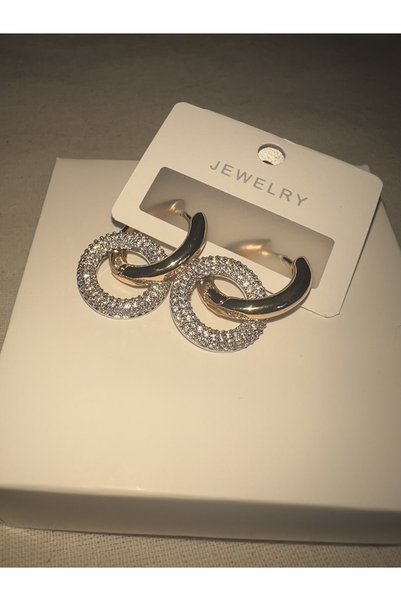 PANCO SHOP ACCESSORIES JEWELRY Kararmaz Altın Kaplama Zirkon Taşlı Oval Halka Küpe Özel Üretim