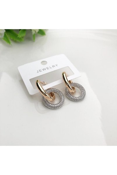 PANCO SHOP ACCESSORIES JEWELRY Kararmaz Altın Kaplama Zirkon Taşlı Oval Halka Küpe Özel Üretim