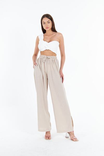 AS Anita Store Large Size Linen Wide Leg Wide Leg Slit Detailed Trousers