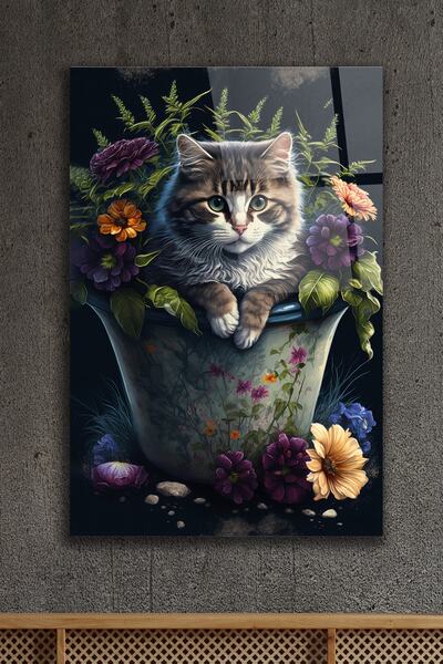ACRES Kedi Ve Çiçekler Cam Tablo