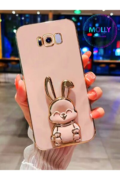 Molly Technology Samsung Galaxy S8 İçin Rose Sevimli Tavşan Standlı Kenarları Gold Detaylı Lüks Silikon Kılıf