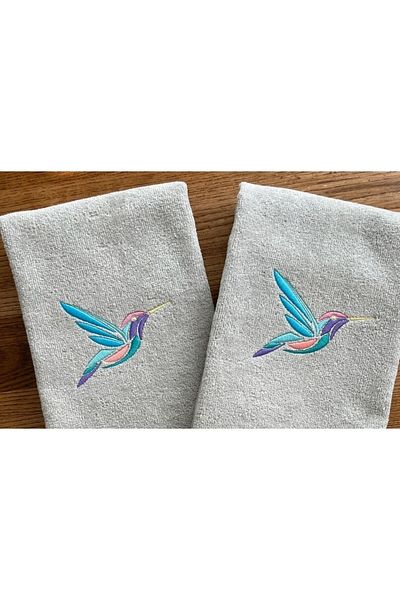 Ursa Hummingbird Embroidered Gray Bamboo Towel 2 Pieces 50X90