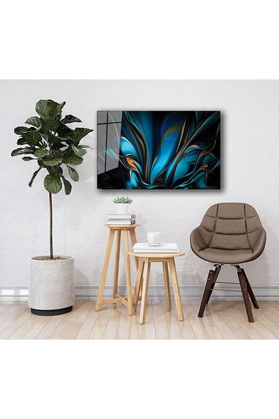 Rosyvien Pictură abstractă pe sticlă cu dungi albastre și portocalii, decor de perete pentru casă și birou, cadou, sticlă temperată durabilă