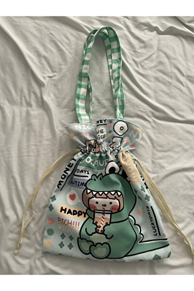 Planet Butik Dino Girl Kawaii Drawstring Tote Bag