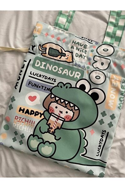 Planet Butik Dino Girl Kawaii Drawstring Tote Bag