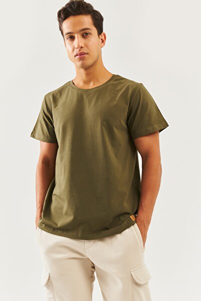 Butikgiz Χακί Oversize Άνετο 100% βαμβακερό χτενισμένο λαιμόκοψη με κοντό μανίκι Basic T-Shirt Classic Collection