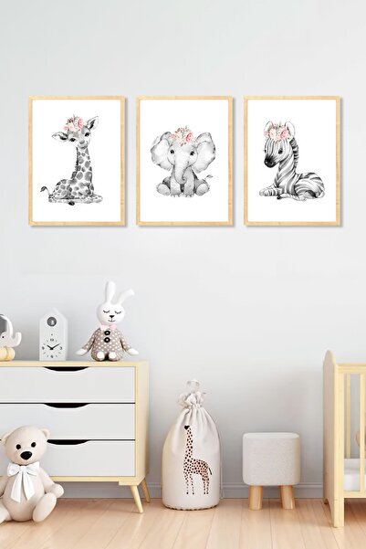 Dekorsiahome Set de pictură pentru cameră pentru copii cu cadru din lemn de 3 piese Zebra Girafă Elefant