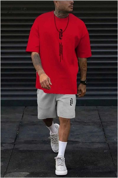 Sky Light Men's Vertical Printed Oversize Gray Shorts Red T-Shirt Set
