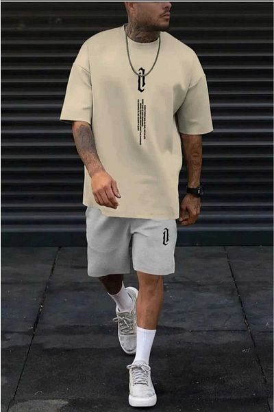 Sky Light Men's Vertical Printed Oversize Gray Shorts Mink T-Shirt Set