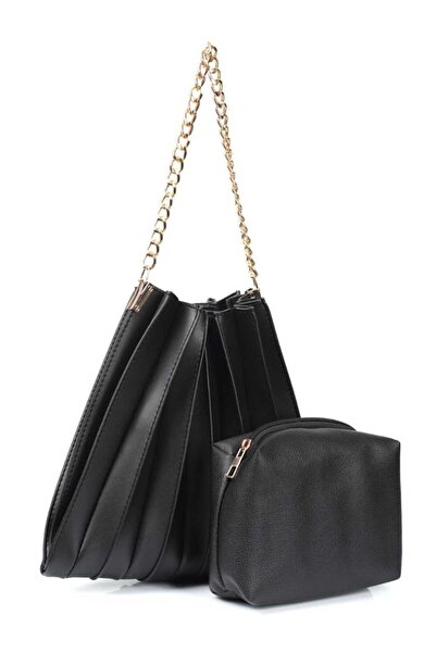 KIRASE حقيبة يد وكتف للنساء موديل الأكورديون الأسود مطوي ومحفظة منتفخة