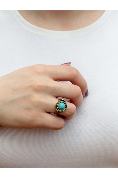 esha Doğal Taş Yuvarlak Firuze Doğal Taşlı Ayarlanabilir Orta Boy Yüzük