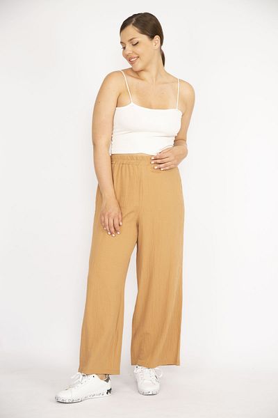 Şans Damen-Hose aus Aeorobin-Stoff, beige, große Größe, elastische Taille, weites Bein, 65n36497