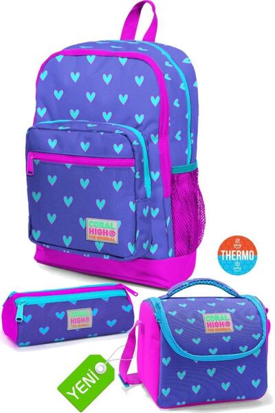 Coral High Lavender Pink Heart Patterned School Bag, Thermo Nutrition, Pen Ba...