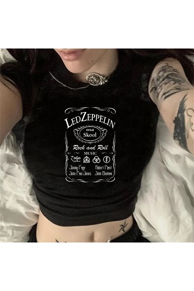 Touz Rock Band Led Zeppelin Printed Black Crop