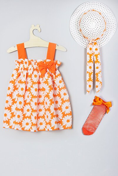 ADABEBEK Flower Patterned Dress with Hat, Fishnet Socks Set 012