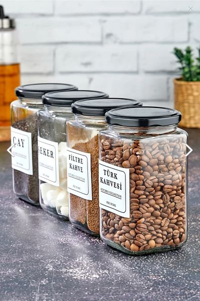 FBZhome Labeled 4-Piece 850 ml Tea & Sugar & Turkish Coffee & Filter Coffee Jar Glass Storage Container
