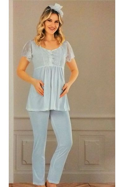 FLZ Set de pijama de maternitate cu mânecă scurtă cu dantelă ZEN ALBASTRU
