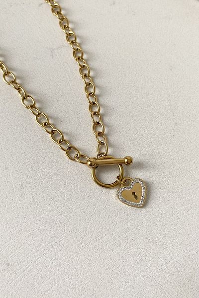 SilverStone Thick Chain Sailor Knot Zircon Stone Heart Gold Steel Necklace