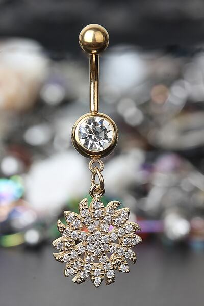 depozoom Yeni Sezon 316L Cerrahi Çelik Özel Üretim Sallantılı Zirkon Taş Çiçek Göbek Piercing Gold