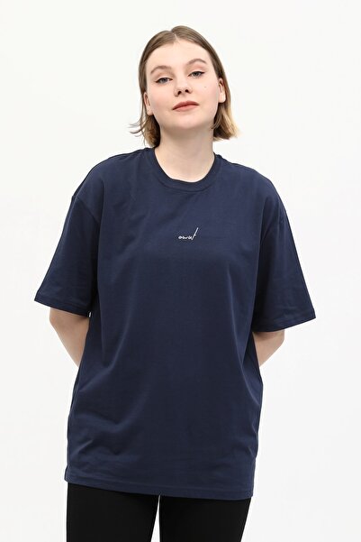 Owut Collection Μπλουζάκι με πλεκτό μπλουζάκι από 100% βαμβάκι μπλε Navy μπλε μπροστά και πίσω με στάμπα Boyfriend Crew Neck