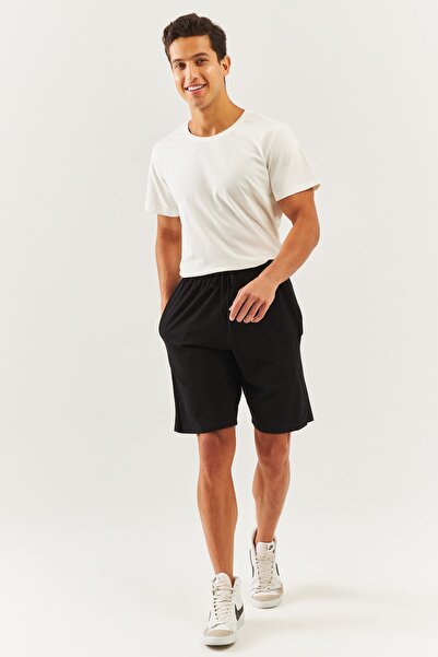 Butikgiz Siyah Rahat %100 Pamuklu Penye Bağcıklı Cepli Kısa Trendy Erkek Şort