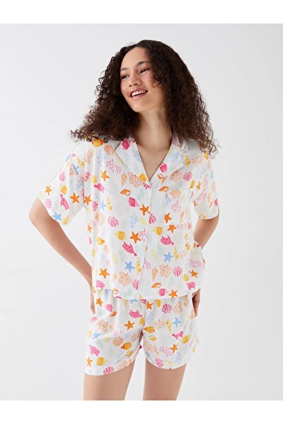 LC Waikiki Súprava dámskeho pyžama LCW DREAM – košeľový golier, potlač, krátky rukáv a šortky